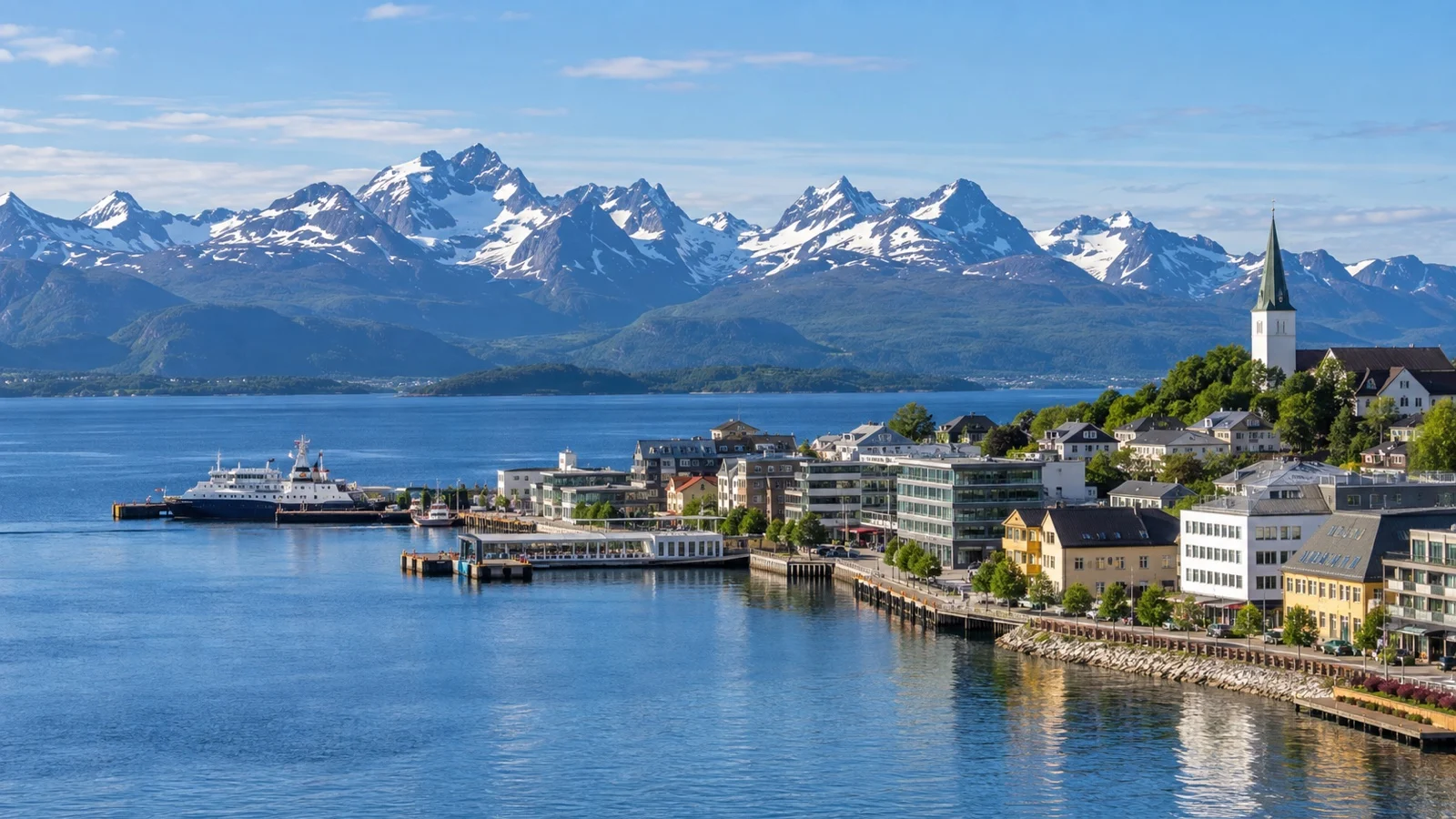 Molde waterfront with Romsdal mountains across the fjord