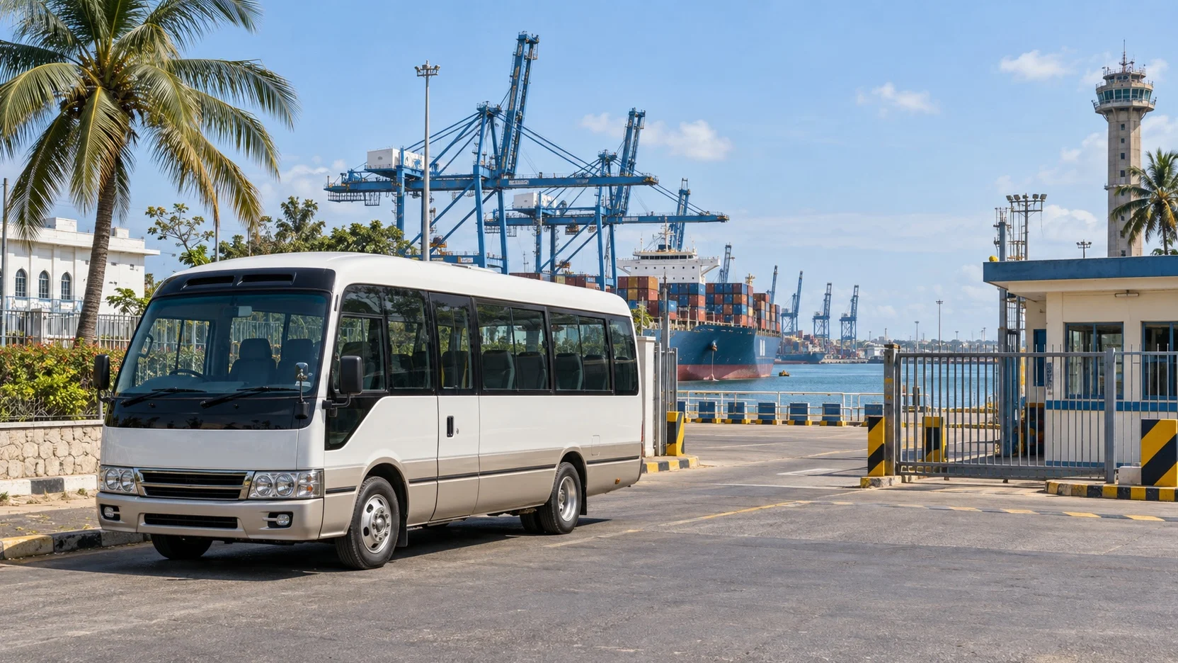 Tour minibus waiting near Mombasa’s working port