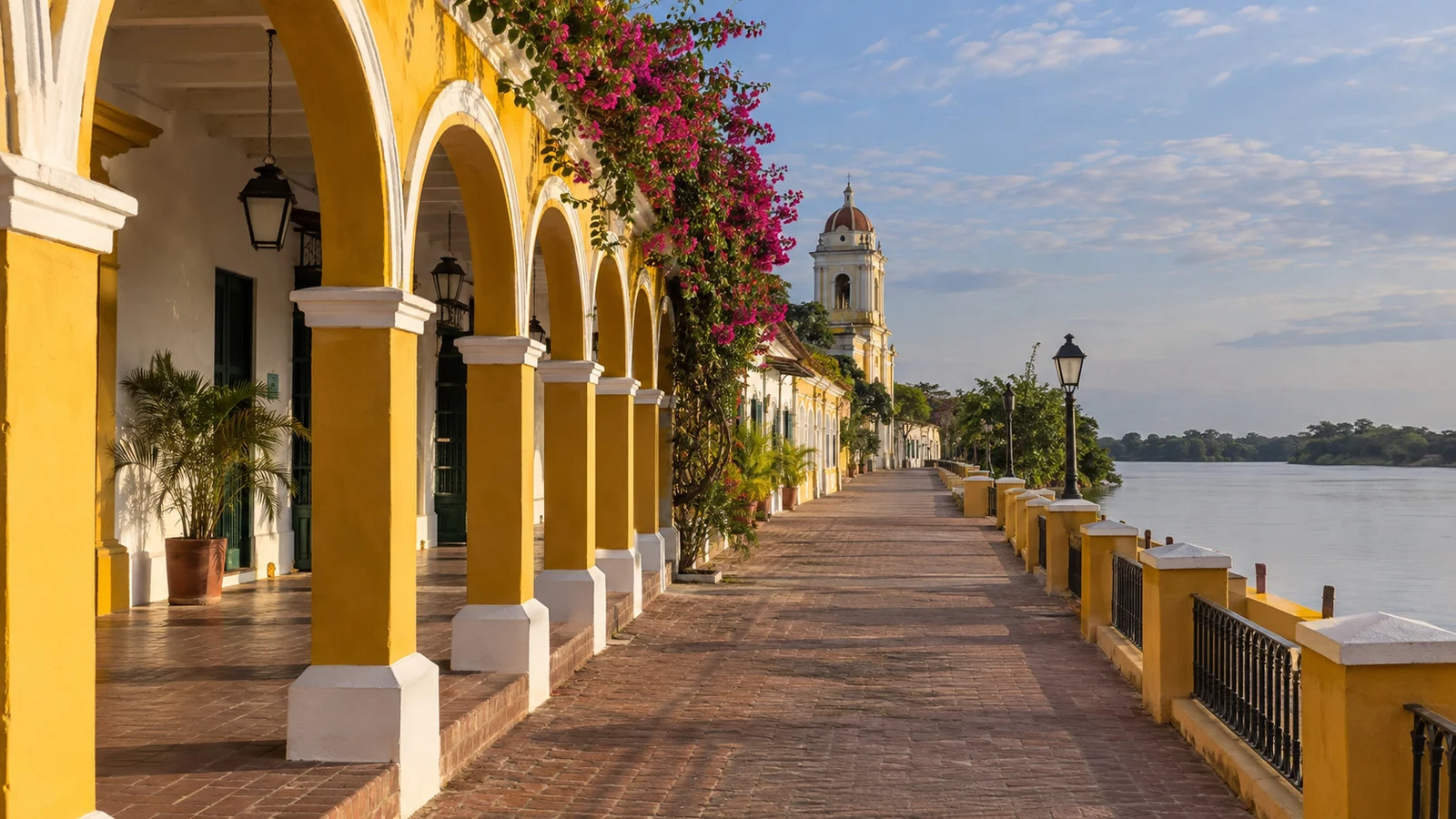 Colonial arcades along the pedestrianized Mompox riverfront