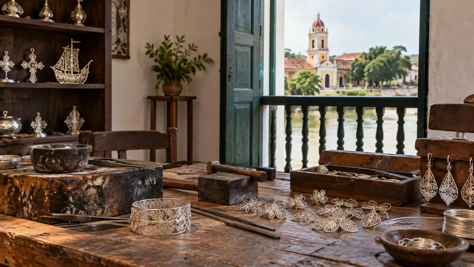 Filigree silver jewelry in a Mompox workshop without people