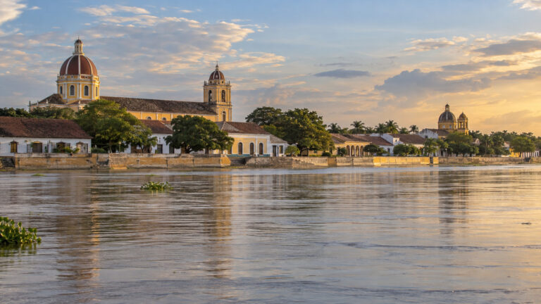 Mompox riverfront and church domes viewed across the Magdalena River