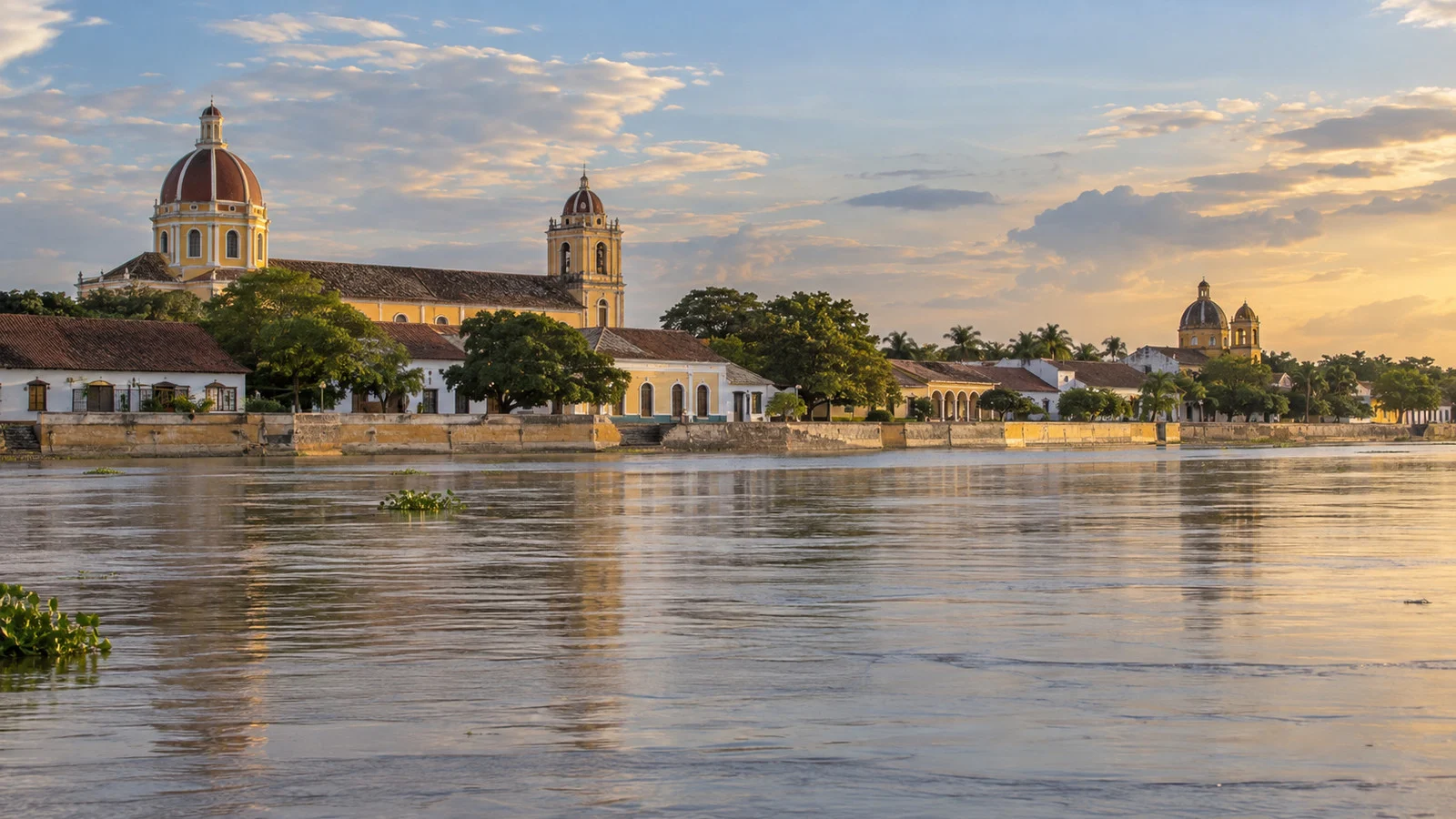 Mompox riverfront and church domes viewed across the Magdalena River