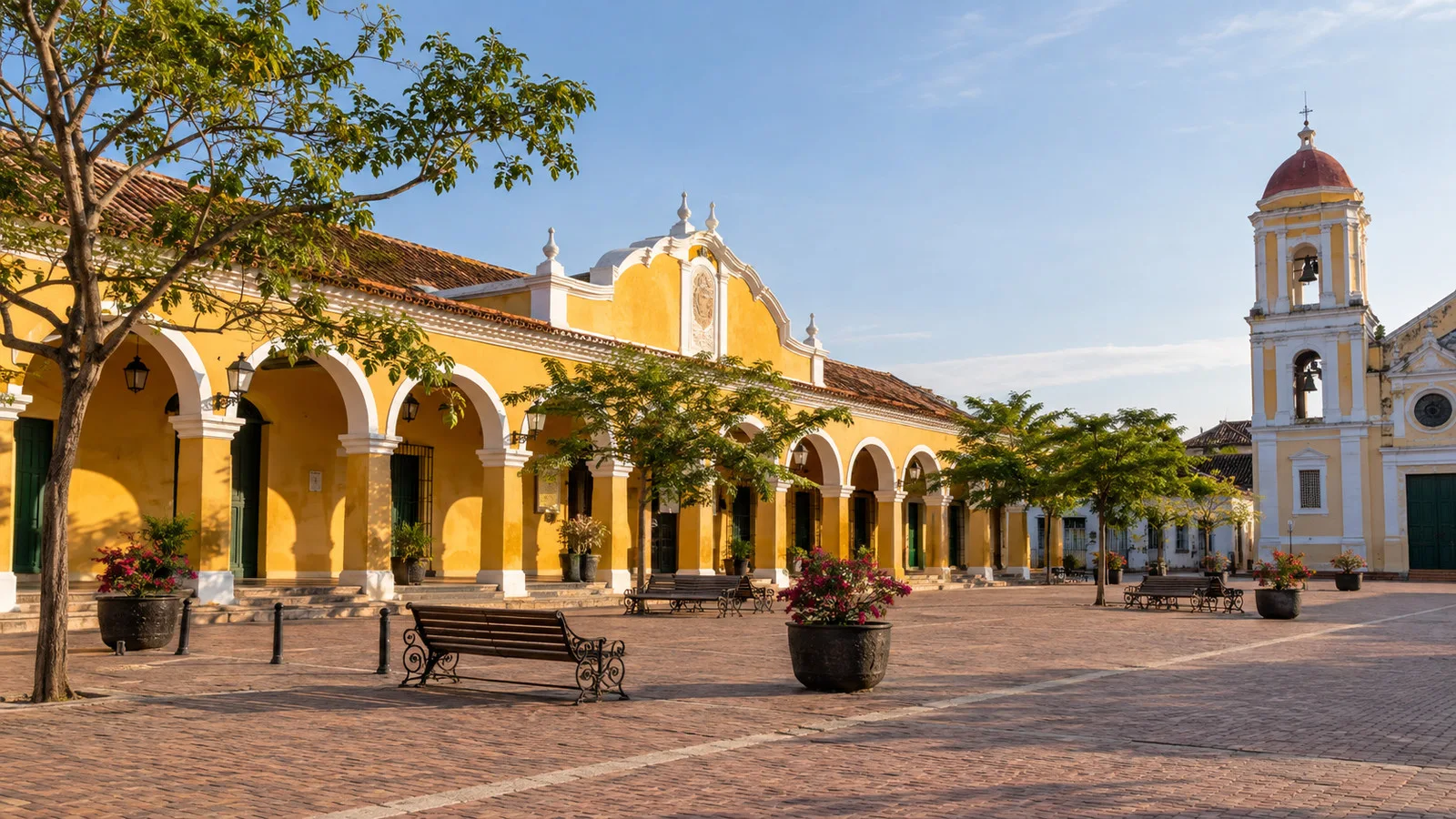 Restored historic market building and plaza in Mompox