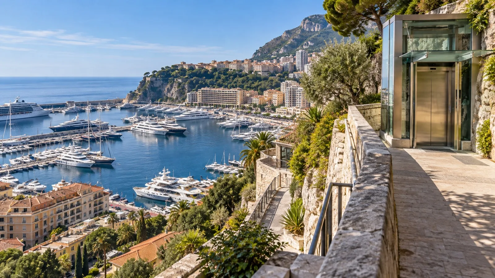 Steep Monaco hillside walkway above Port Hercule near a public elevator