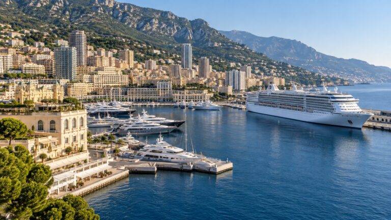 Cruise ship in Monaco’s Port Hercule beneath Monte Carlo