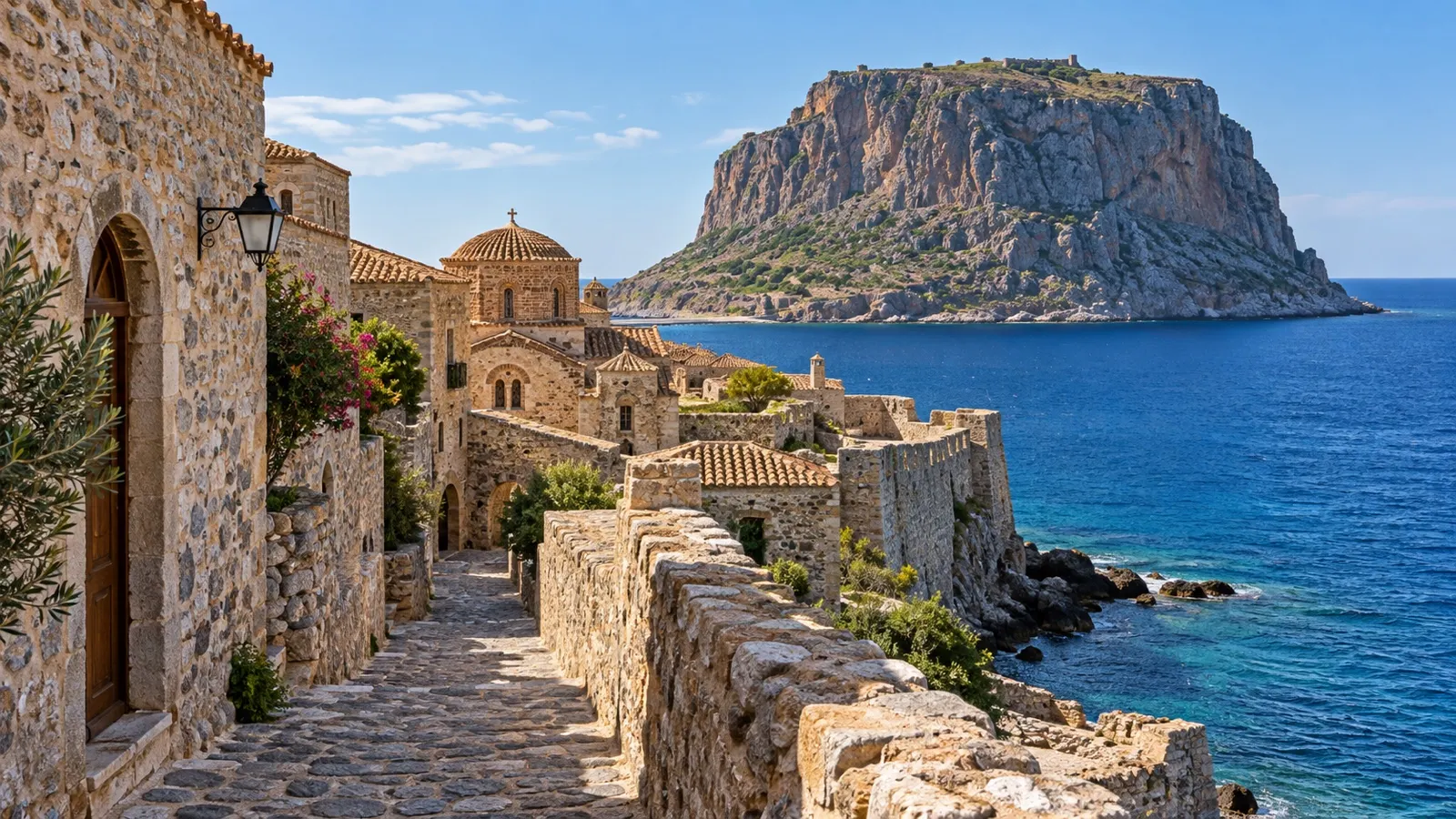 Stone lane and medieval buildings in Monemvasia Lower Town