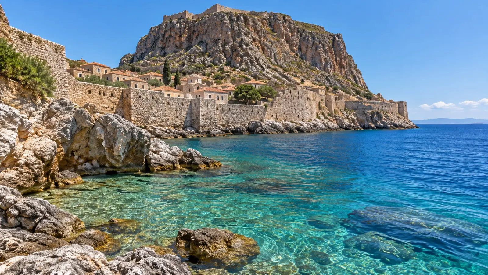 Clear water beside the stone walls of Monemvasia