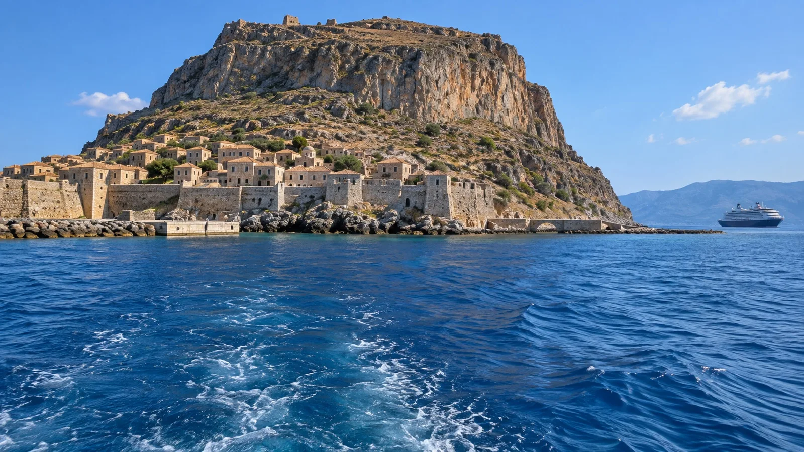 Tender boat approaching Gefyra beneath the great rock of Monemvasia