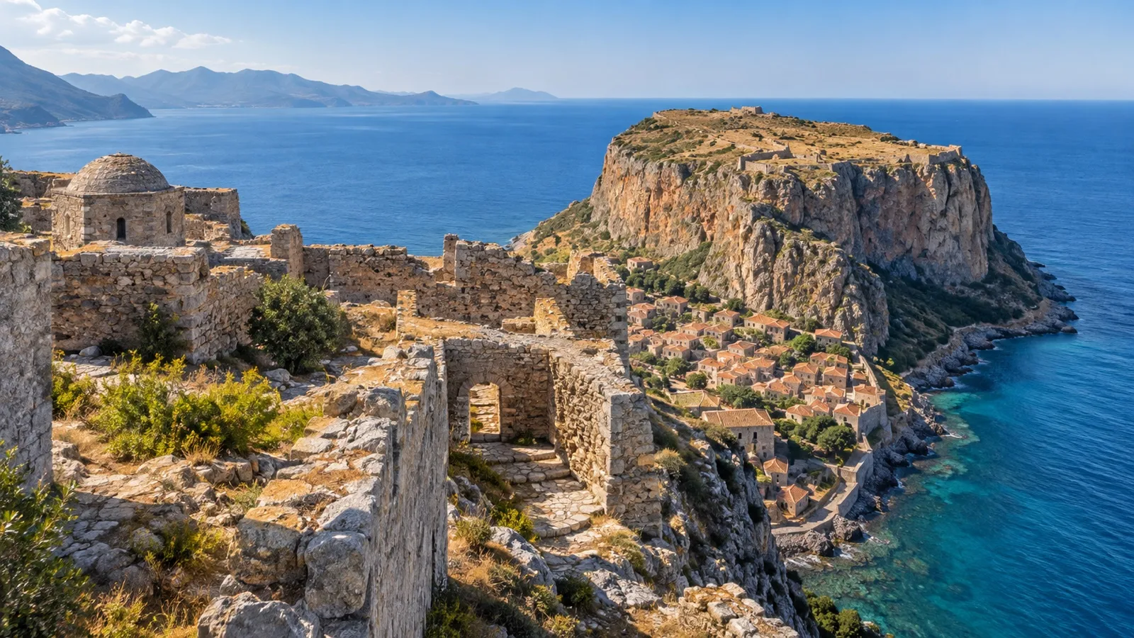 Ruins high on the Upper Town rock above the Aegean