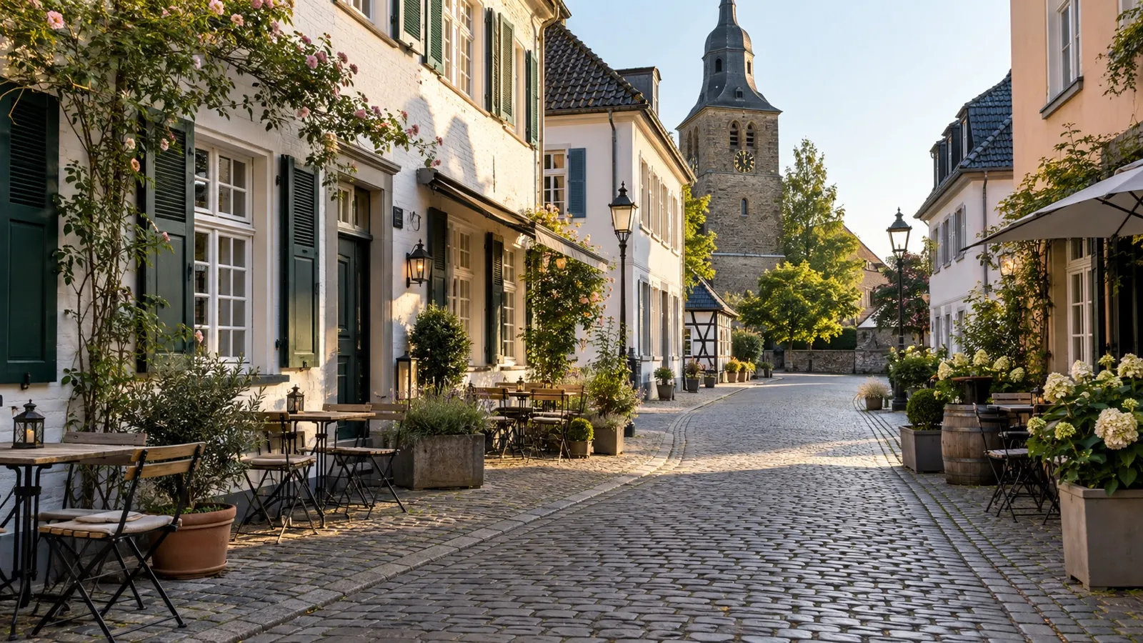 Quiet cobblestone street and empty cafe tables in Monheim’s Altstadt