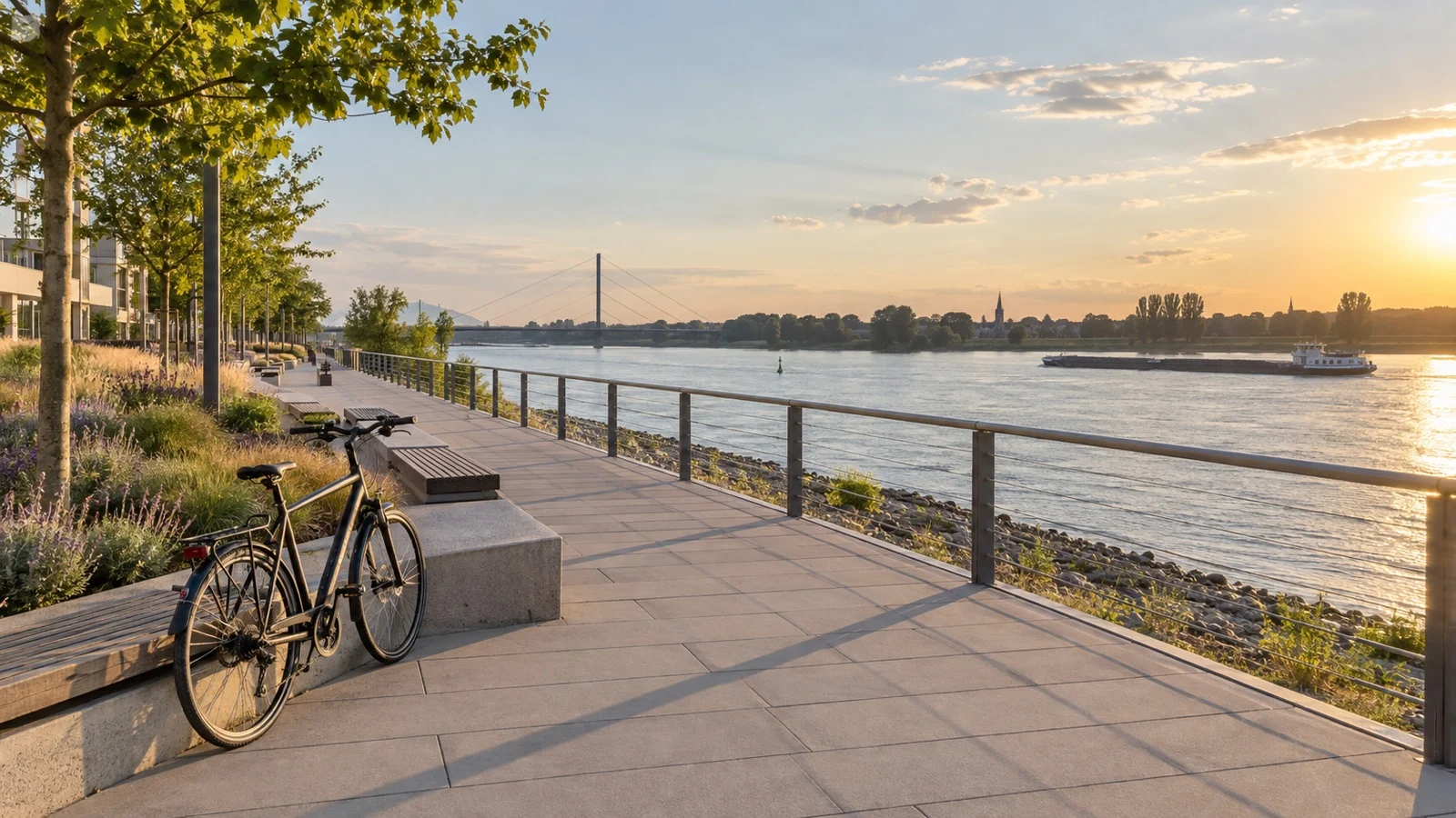 Empty riverside promenade in Monheim with a bicycle and Rhine view
