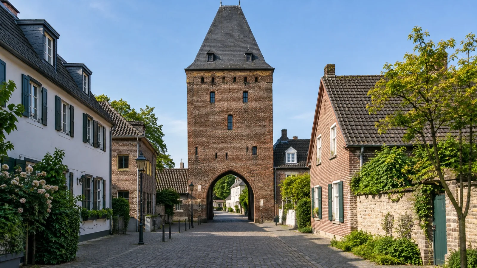 Brick Schelmenturm gate tower with steep slate roof and arched passage in Monheim’s old town