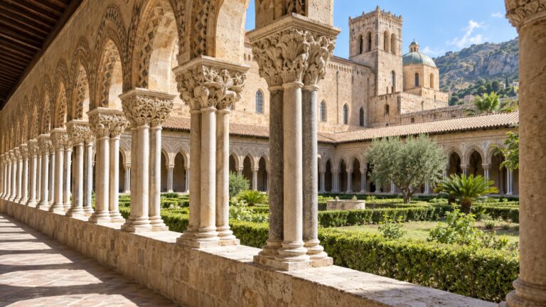Paired columns around the empty cloister of Monreale Cathedral near Palermo