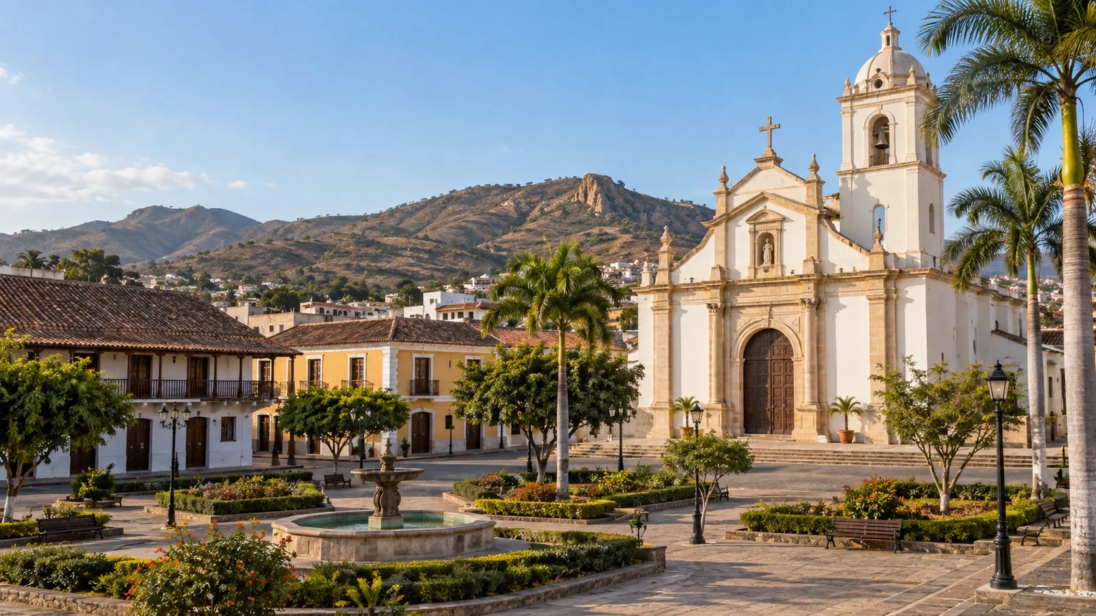 Quiet Montecristi town square with church and coastal hills