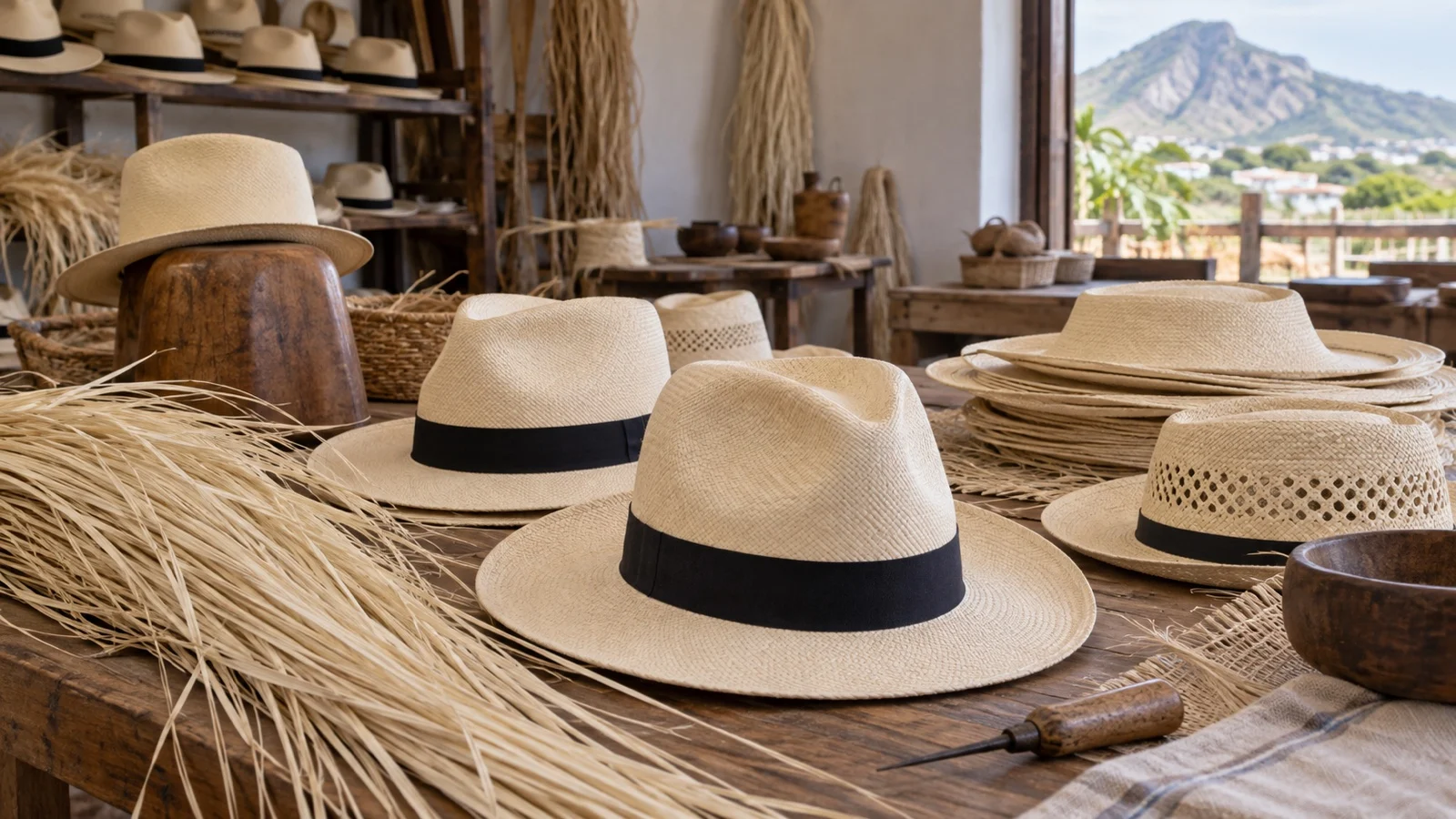 Handwoven toquilla-straw hats displayed in a Montecristi workshop