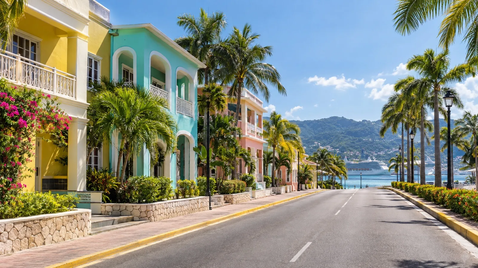 Colorful small hotels along a Montego Bay street