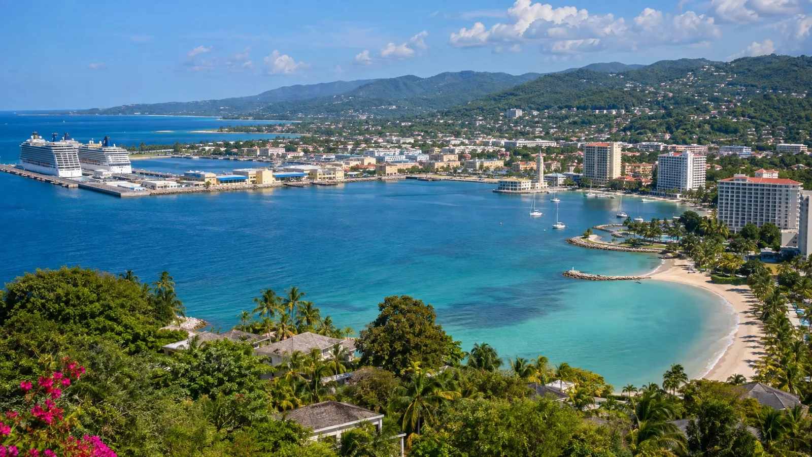Panoramic Montego Bay shoreline with cruise port and hotel areas