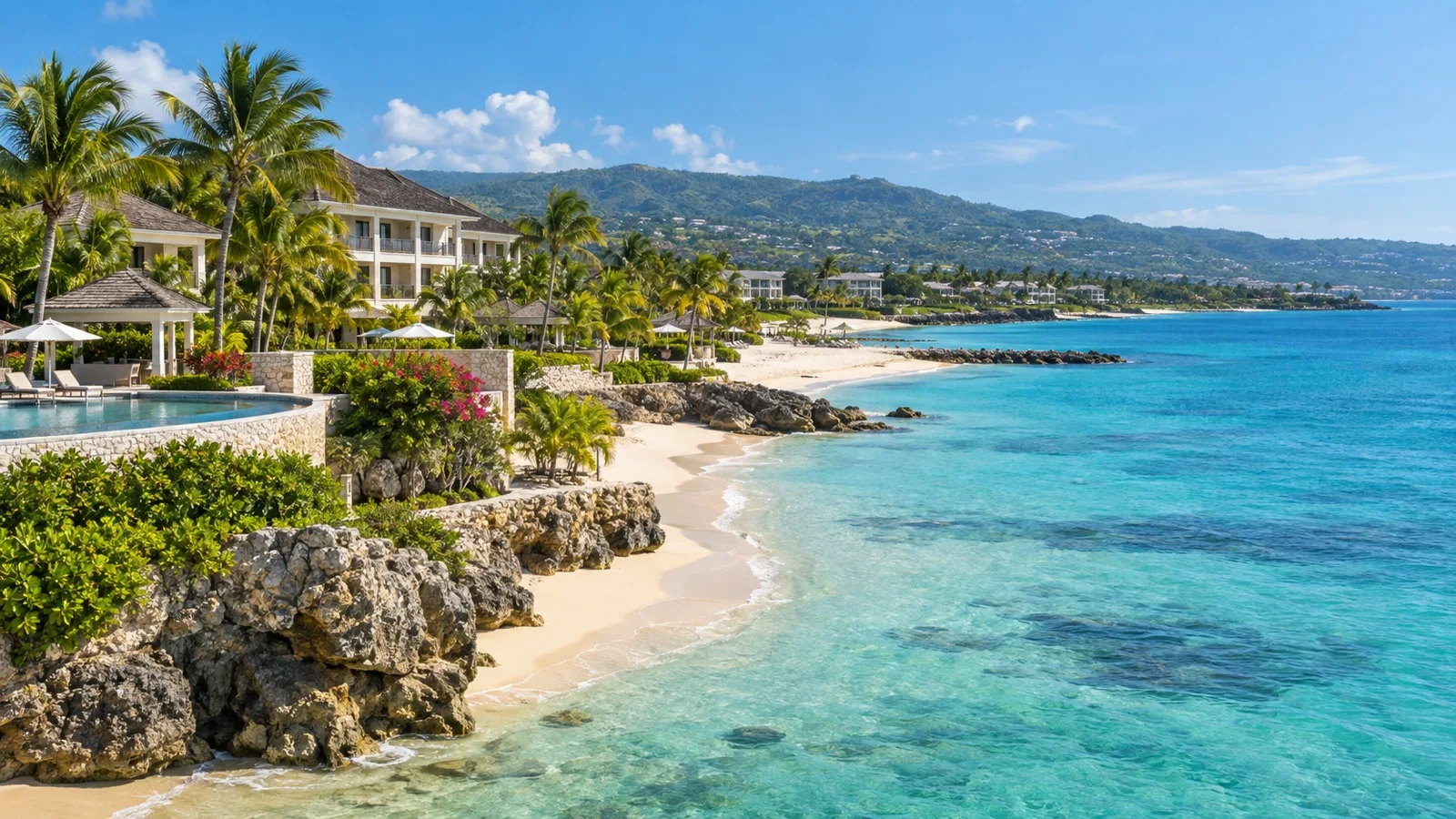Beachfront resort buildings and turquoise water in Montego Bay
