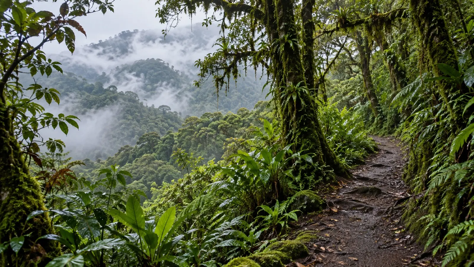 Misty trees and moss beside an empty Monteverde cloud forest trail