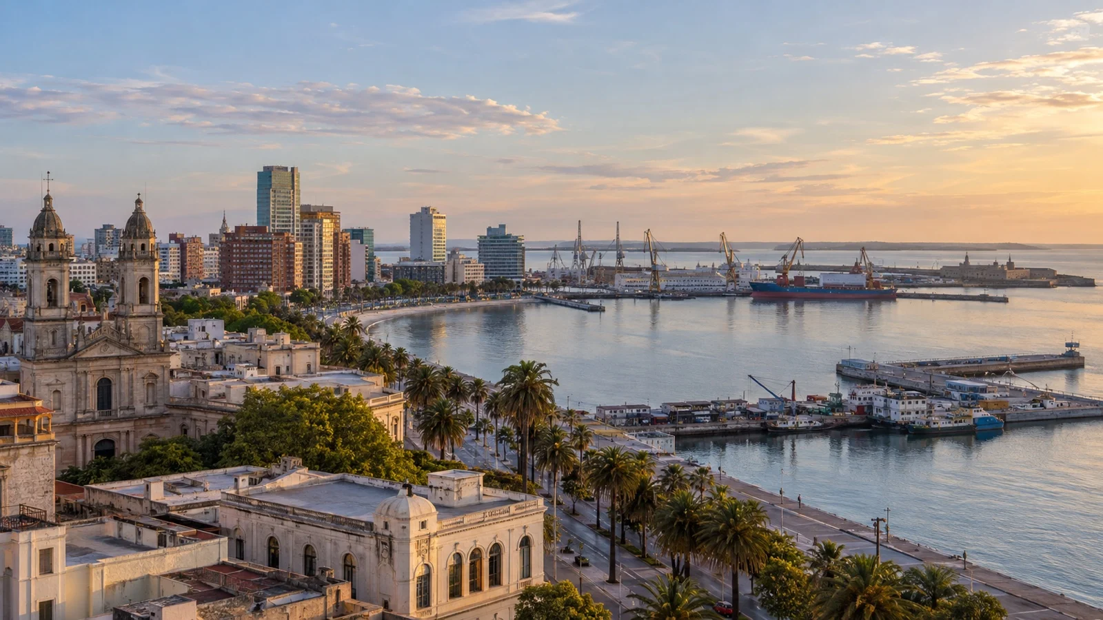 Panoramic Montevideo harbor, old town and waterfront hotel districts