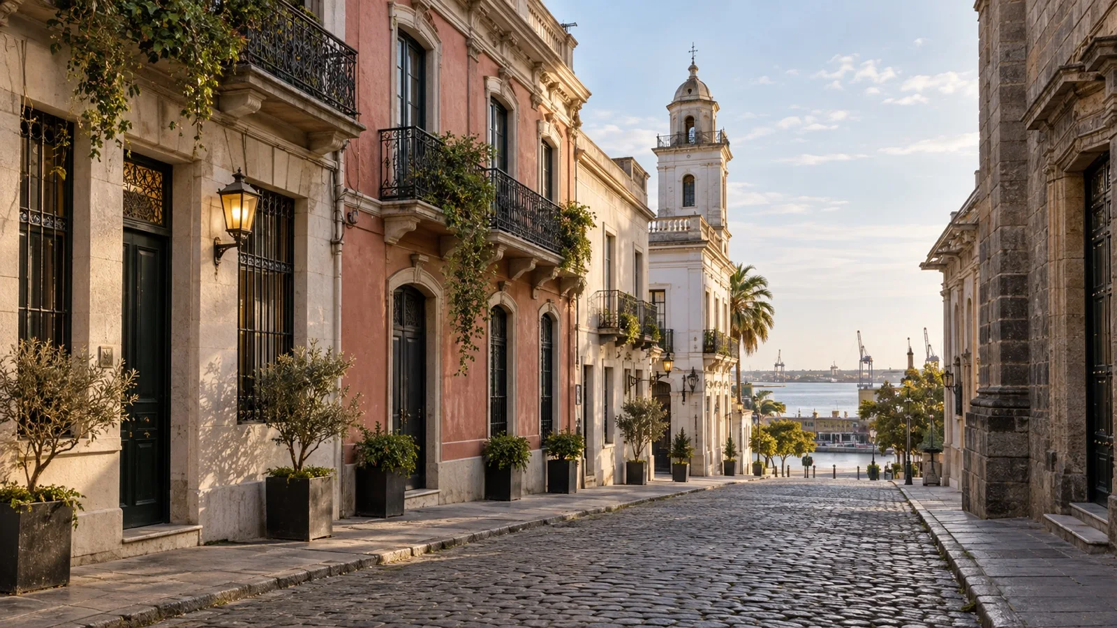 Ciudad Vieja street in Montevideo with practical small hotels and historic Uruguayan architecture