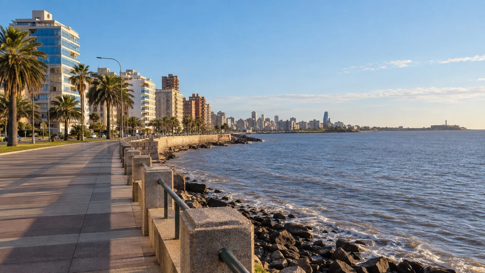Montevideo Rambla waterfront with midrange hotels, broad promenade and river sea