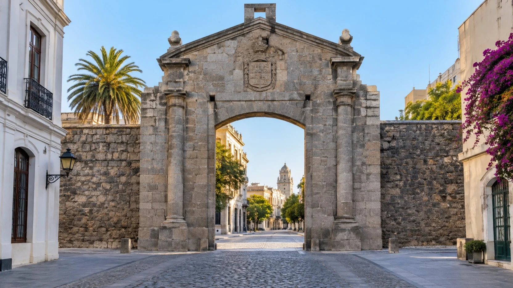 Empty pedestrian approach to the stone Puerta de la Ciudadela gateway in Montevideo