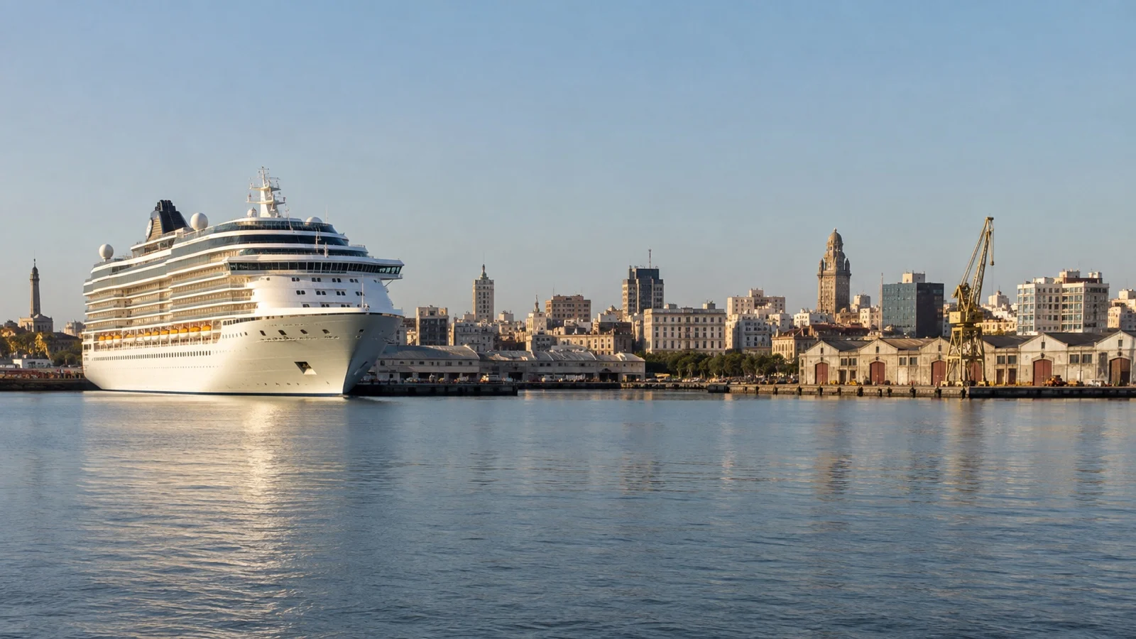 Cruise ship at Montevideo harbor with Uruguay's capital skyline