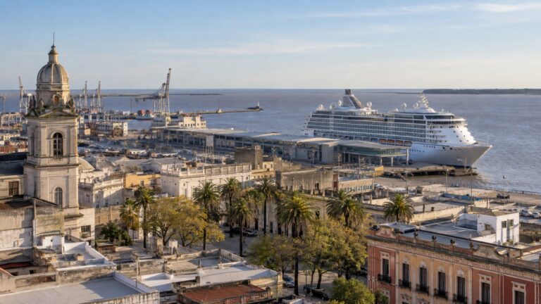 Montevideo cruise port with a white cruise ship docked beside Ciudad Vieja and the Río de la Plata