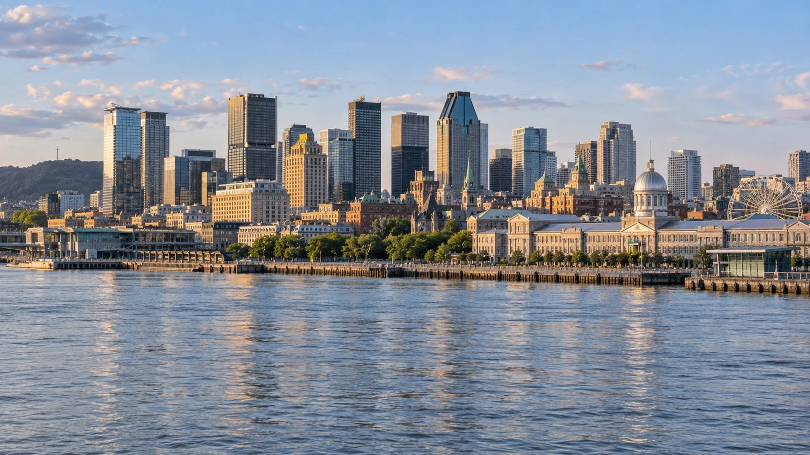 Panoramic Montréal downtown and Old Port skyline from the St. Lawrence River, historic and modern hotel districts