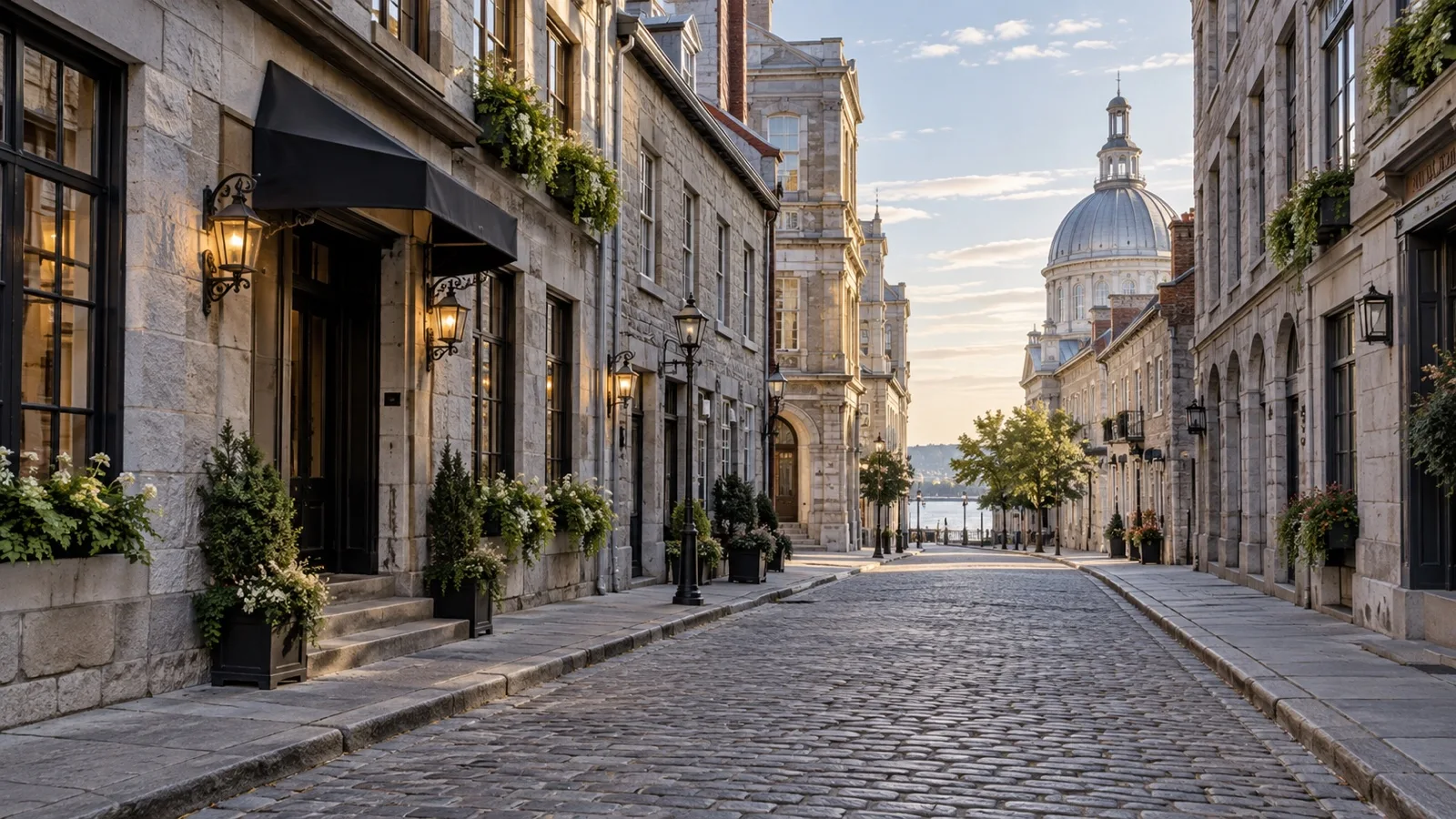 Quiet cobblestone street in Old Montréal with modest historic hotel facades and limestone buildings