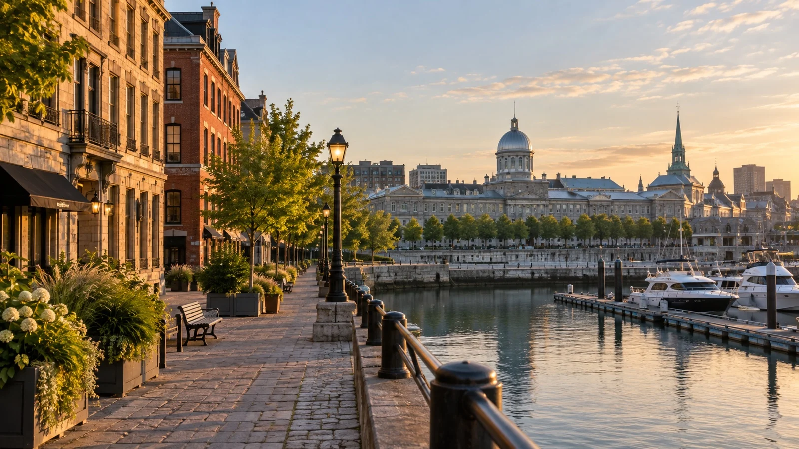 Old Port district of Montréal with brick boutique hotels and waterfront promenade