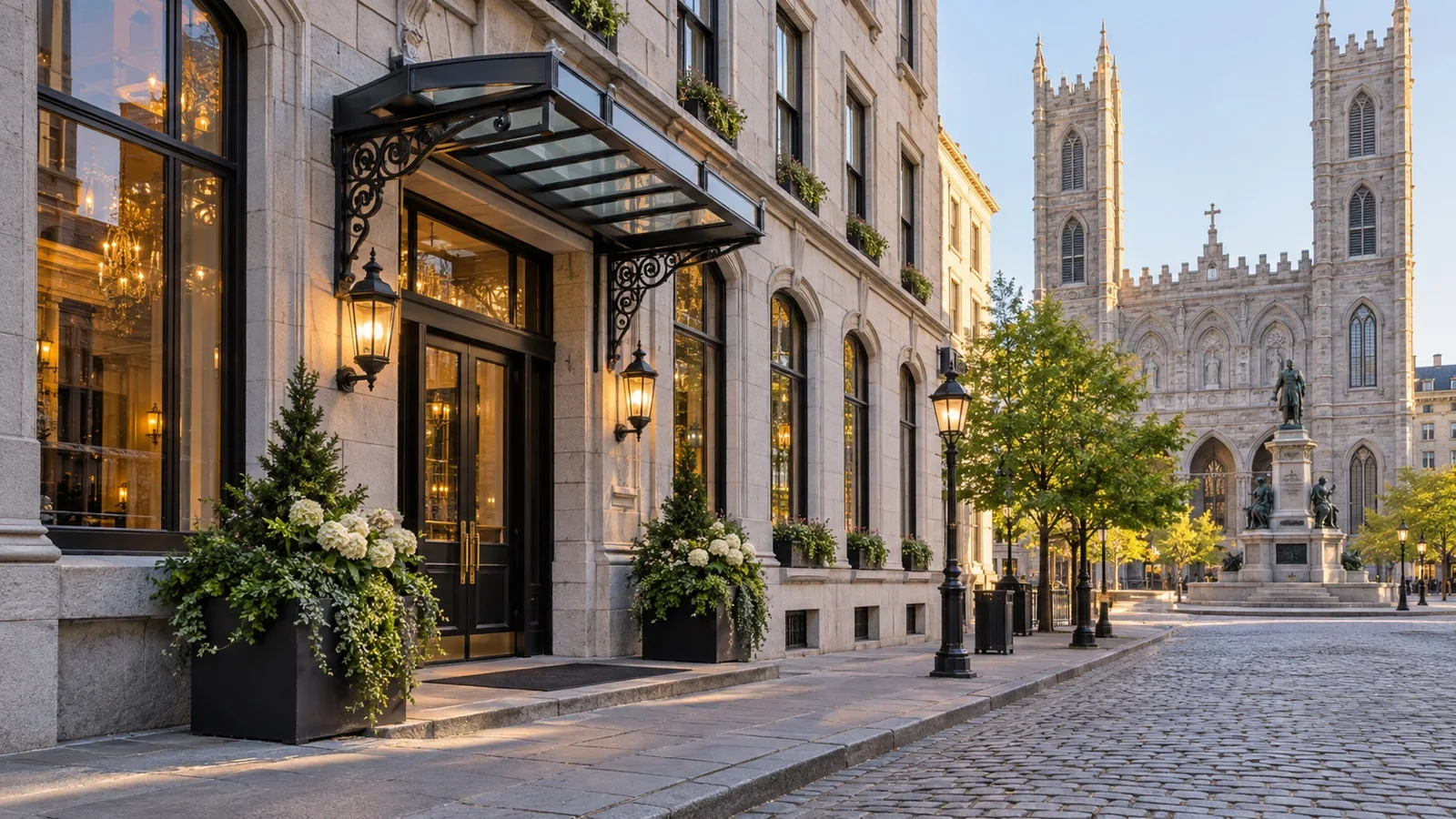 Elegant restored stone hotel exterior in Old Montréal near Place d'Armes and Notre-Dame Basilica