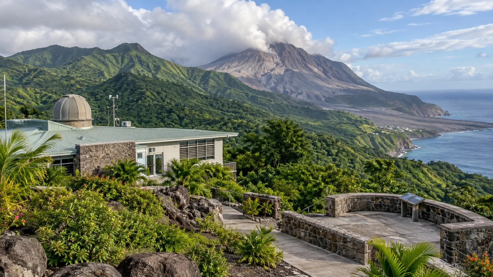 Montserrat Volcano Observatory viewpoint toward Soufrière Hills