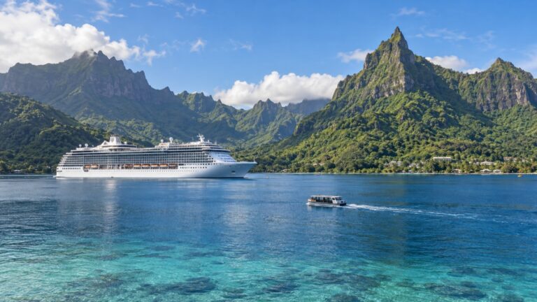 Cruise ship and tender in Moorea’s Cook’s Bay
