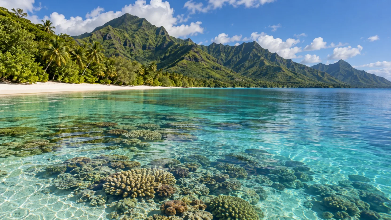 Clear coral lagoon beneath Moorea’s green peaks