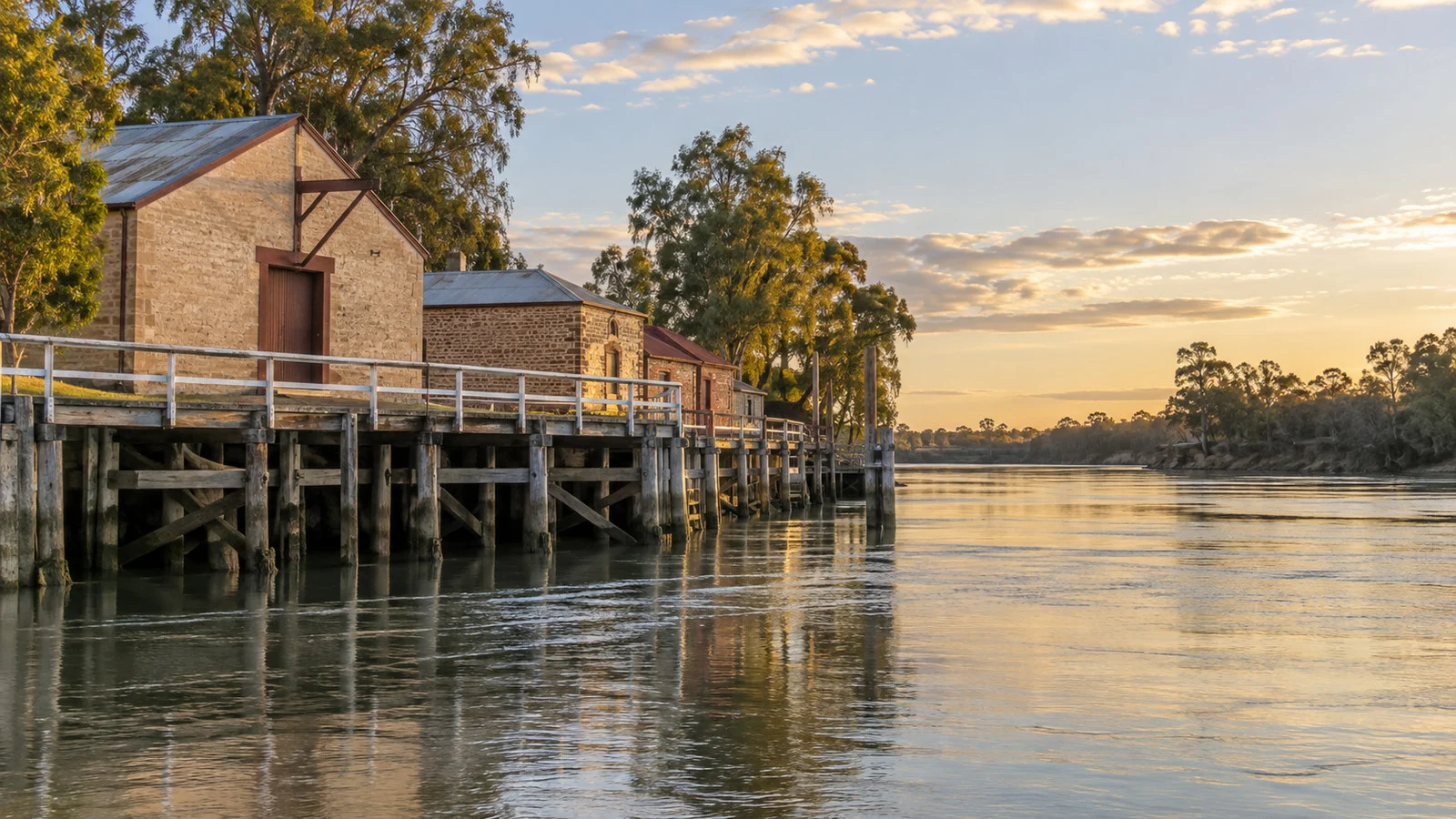 Historic Morgan wharf beside the Murray River in South Australia
