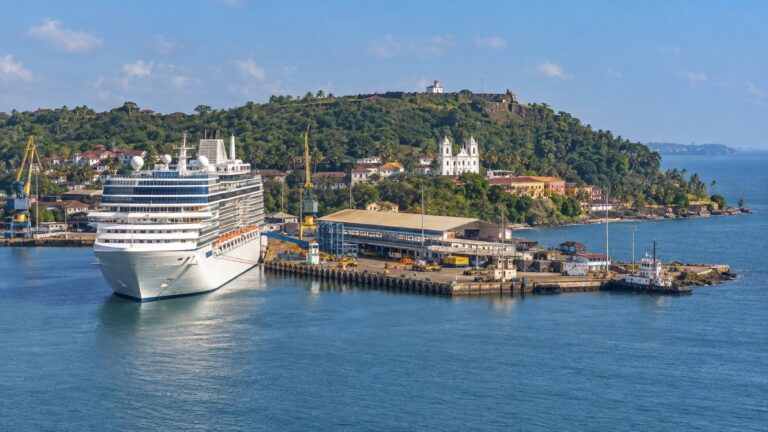 Cruise ship at Mormugao working port in Goa
