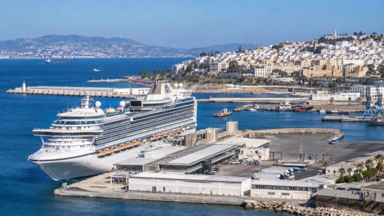 Cruise ship berthed in Tangier harbor beneath the white hillside city