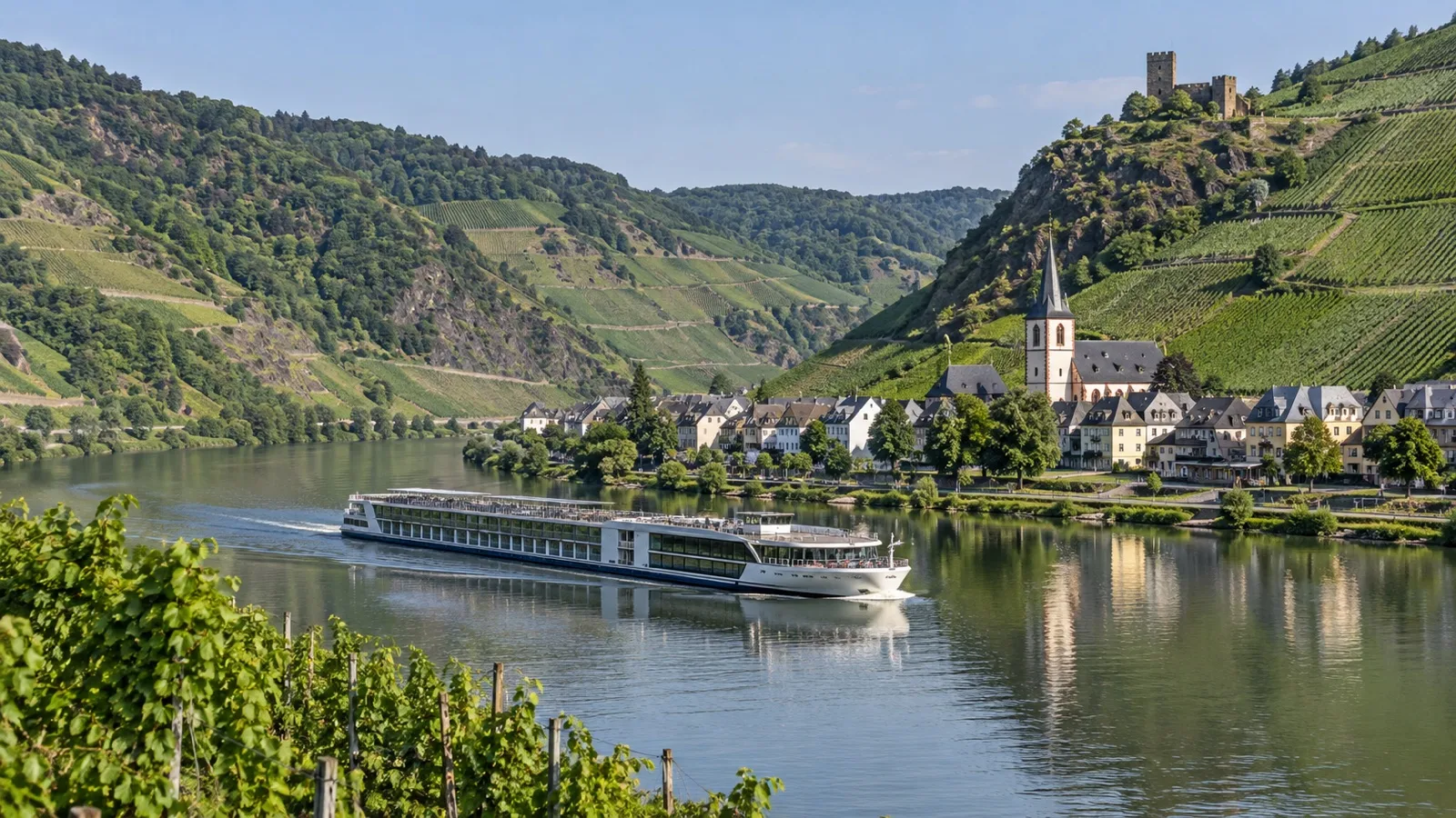 River cruise ship on Moselle River beneath vineyard hills