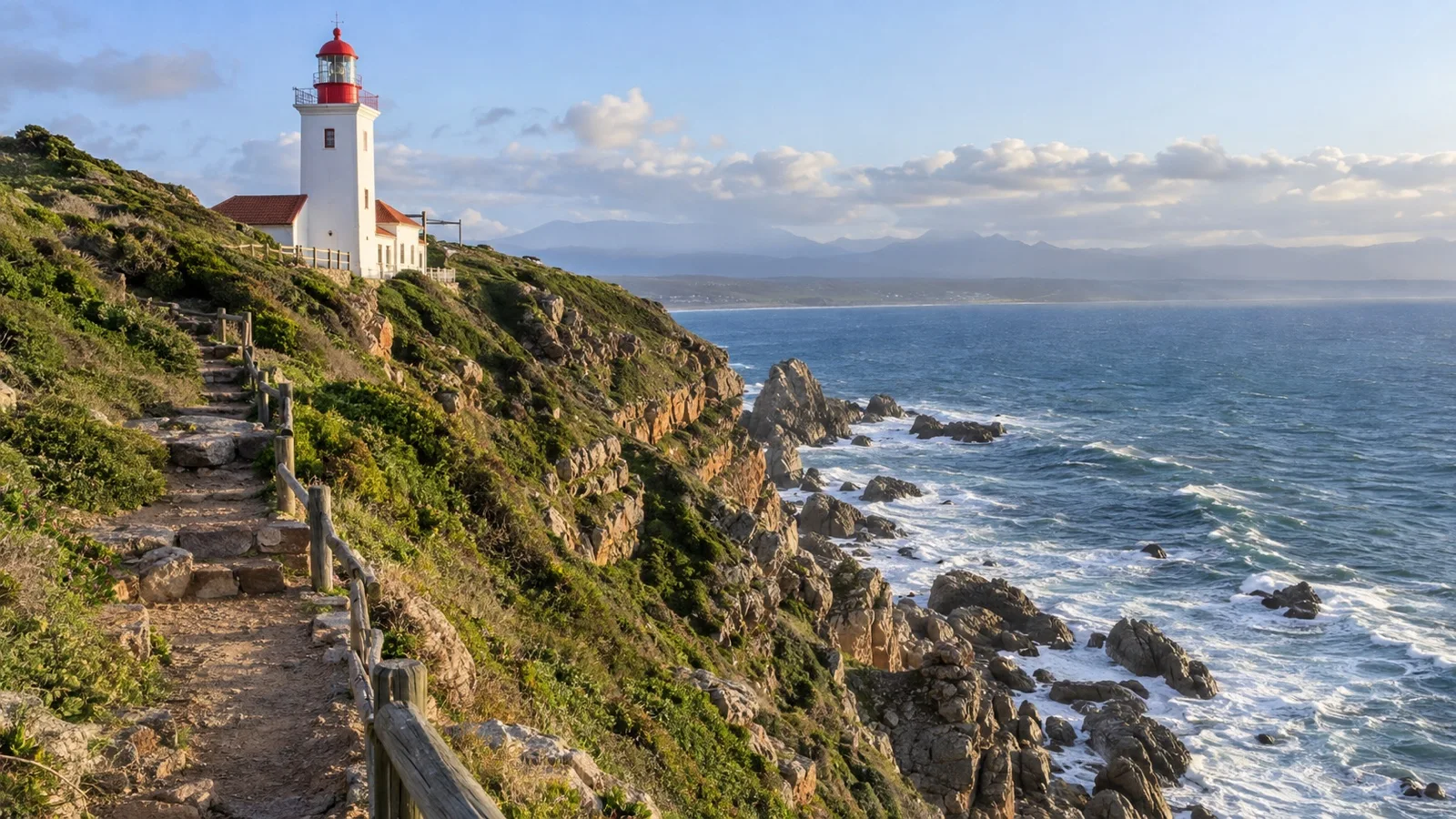 Cape Saint Blaize lighthouse above a rocky coastal trail in Mossel Bay