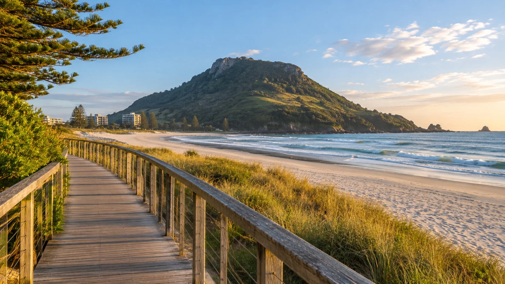 Empty boardwalk beside Mount Maunganui beach and summit