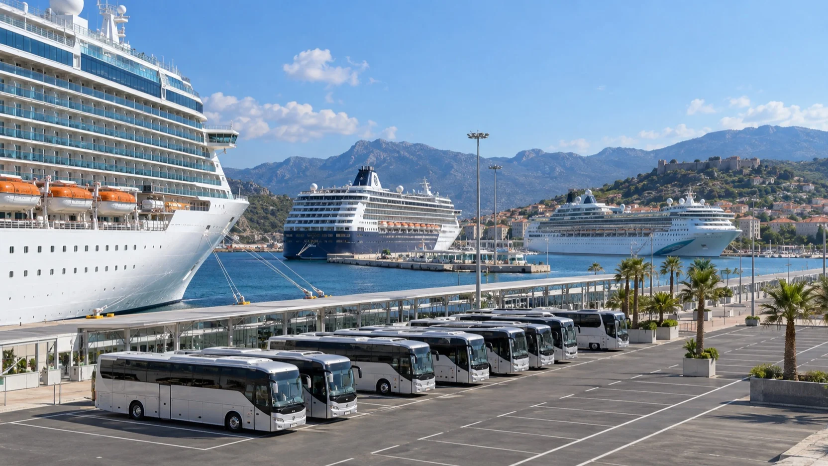 Excursion coaches beside several cruise ships at one port