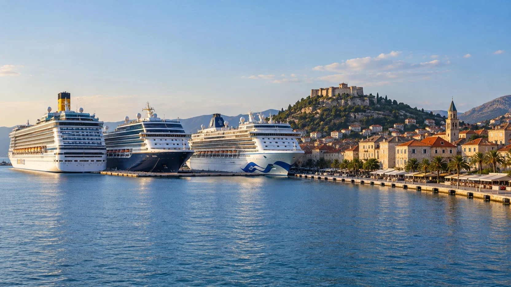Three cruise ships sharing berths beside a compact old town