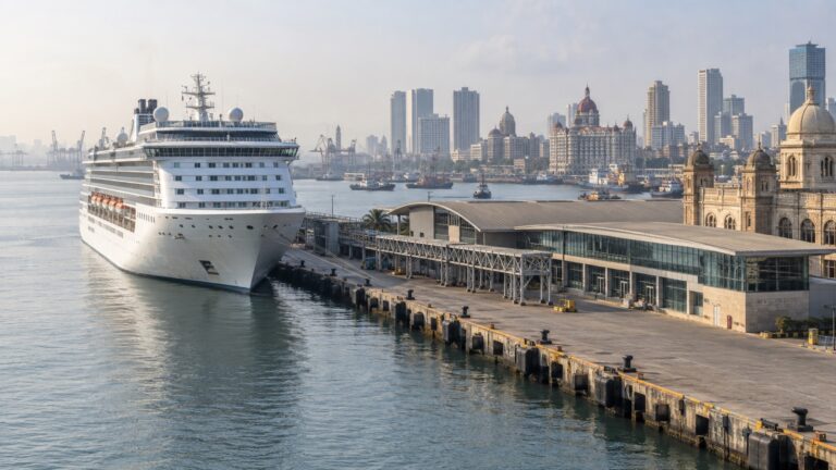 Cruise ship at Mumbai’s Ballard Pier with South Mumbai beyond