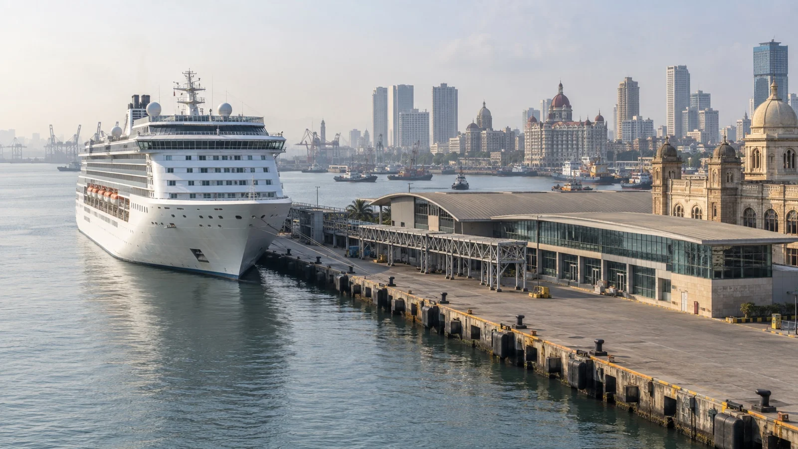 Cruise ship at Mumbai’s Ballard Pier with South Mumbai beyond