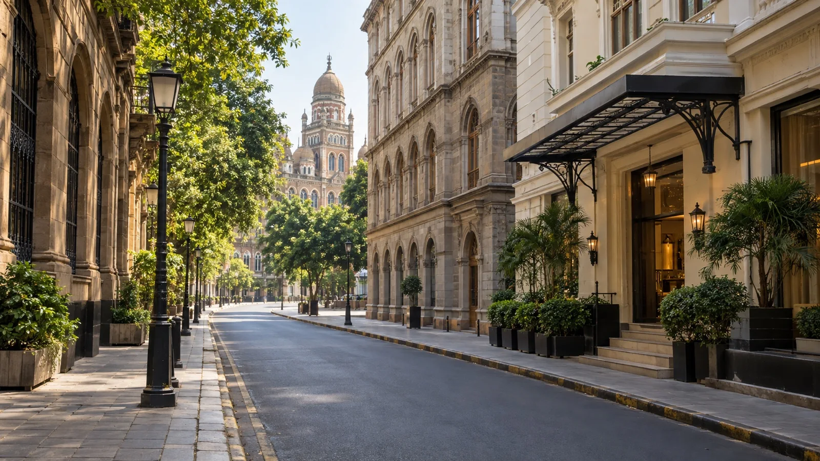 Fort district street in South Mumbai with historic colonial buildings and practical hotel facades