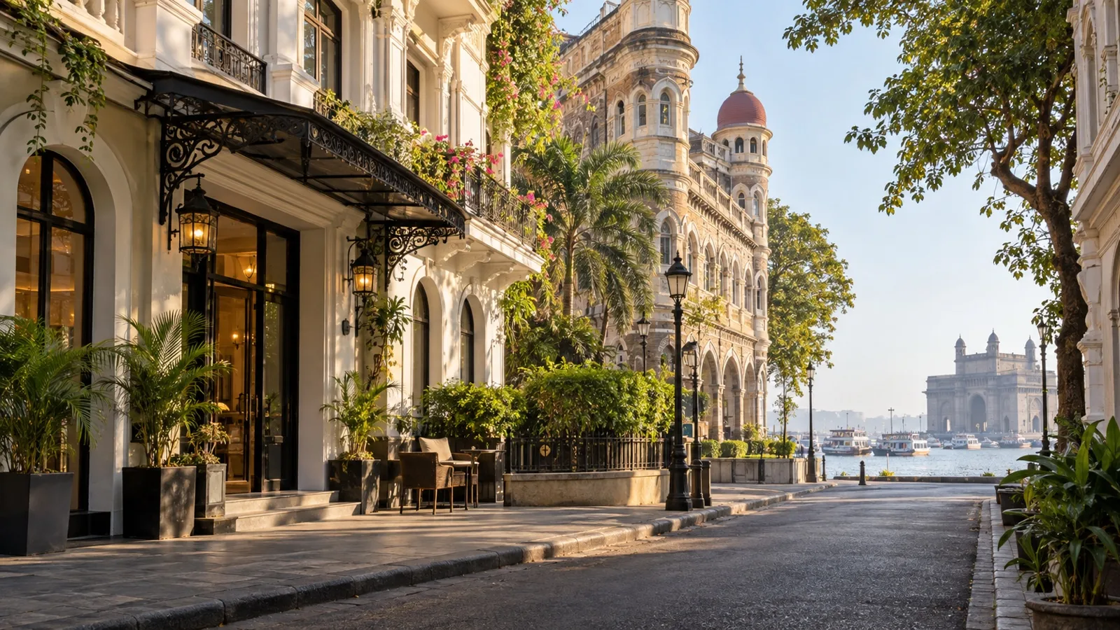 Colaba district of Mumbai with boutique hotel facades and ornate South Mumbai architecture