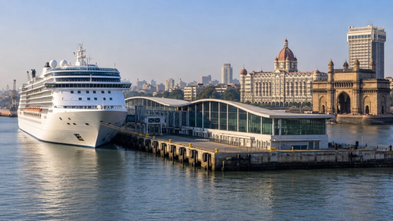 Mumbai International Cruise Terminal at Ballard Pier with a white cruise ship docked beside the historic South Mumbai waterfront
