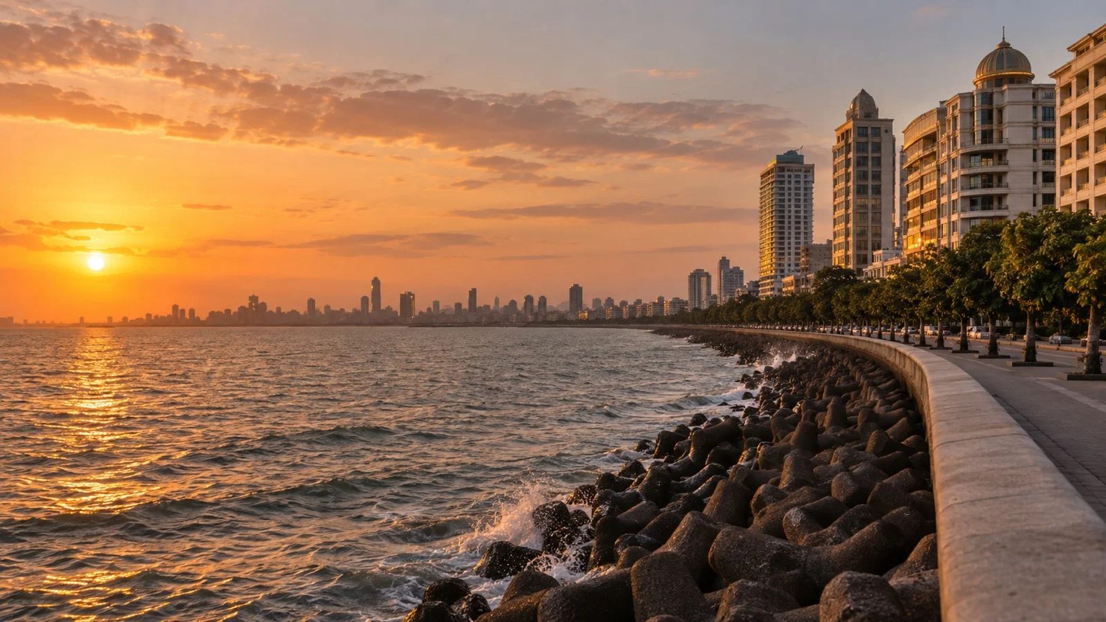 Marine Drive waterfront in Mumbai with elegant luxury hotels and the Arabian Sea at sunset